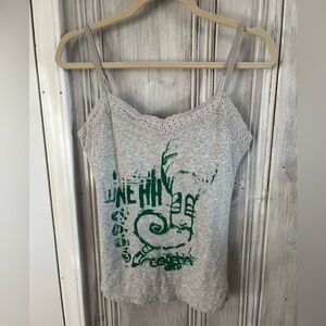 AMERICAN EAGLE VTG Y2K grey spaghetti strap eyelet trim graphic print Cami L